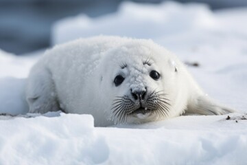 Poster - seal pup rolling in the snow, playfully biting at its ice-cold surroundings, created with generative ai