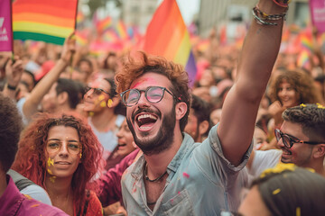 happy man celebrating at the pride parade with his arm up