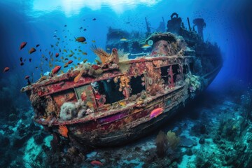 Poster - shipwreck covered in colorful and vibrant marine life, created with generative ai