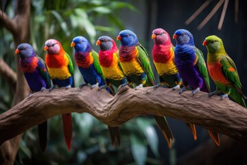 Canvas Print - row of colorful birds perched on tree branch, created with generative ai