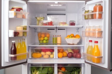 Sticker - energy-efficient refrigerator, with its door left open, to show the well-organized interior, created with generative ai