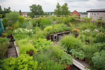 Sticker - green rooftop garden, with various plants and flowers visible, created with generative ai