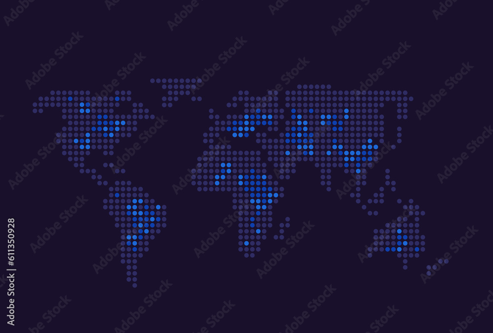 Dot map infographic chart design element for dark theme. Geographic ...