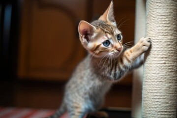 Canvas Print - playful kitten trying out its claws and jumping skills on scratching post, created with generative ai