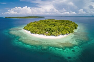 Wall Mural - remote island with white sand beach and crystal-clear waters, surrounded by tropical paradise, created with generative ai