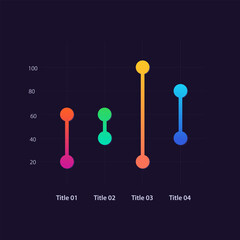 Connected dot infographic chart design template for dark theme. Investment portfolio. Infochart with vertical bar graphs. Visual data presentation. Myriad Pro-Bold, Regular fonts used