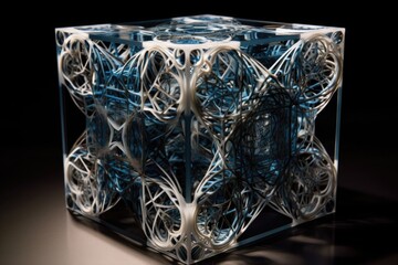 Canvas Print - 3d cube with intricate lattice structure on each face, created with generative ai