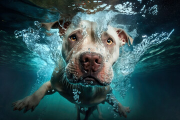 Dog diving underwater, fun dive deep, actions play and training with pets in summer. Illustration, Generative AI