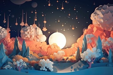 Wall Mural - abstract and surreal landscape with floating clouds, shining stars, and moonlight, created with generative ai