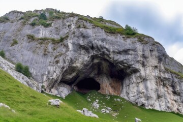 Wall Mural - mountain with huge cave-in, showing the interior of the mountain and its geological structure, created with generative ai