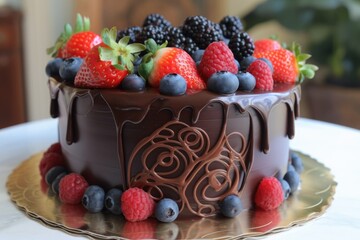 Wall Mural - chocolate cake, decorated with swirls of ganache and fresh berries, created with generative ai