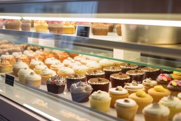 Poster - cupcake shop, with a variety of classic and gourmet cupcakes on display, created with generative ai