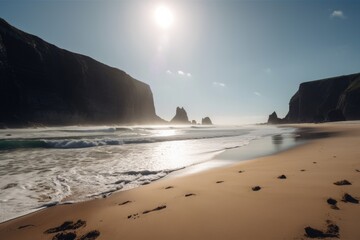 Poster - gorgeous beach with towering cliffs, waves rolling in, and the sun shining, created with generative ai