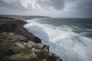 Sticker - clifftop view of crashing waves and stormy sky, created with generative ai