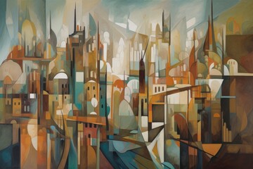 Wall Mural - cubist painting of cityscape, with abstract shapes and lines creating a surrealistic view, created with generative ai