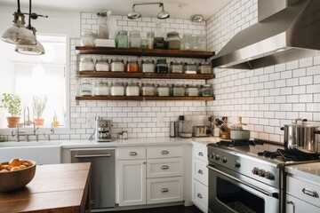 Wall Mural - modern kitchen with white subway tile, stainless steel appliances, and upcycled jars for storage, created with generative ai