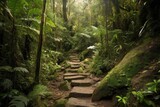 Fototapeta Las - hiking trail meandering through lush rainforest, with towering trees and cascading waterfalls, created with generative ai