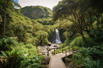 Wall Mural - hiking trail surrounded by lush greenery with a waterfall visible in the background, created with generative ai