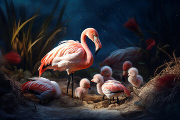 Wall Mural - Flamingo Images: Discover the Grace and Beauty of Pink Flamingos in Nature! Explore the Fascinating World of Flamingos in the Wild and at the Zoo. Admire the Vibrant Colors, Long Necks, Generative Ai