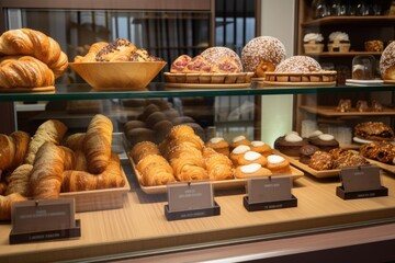 Sticker - display of croissants and pastries in bakery, with selection of cookies and cakes visible, created with generative ai