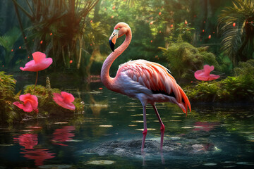 Wall Mural - Flamingo Images: Discover the Grace and Beauty of Pink Flamingos in Nature! Explore the Fascinating World of Flamingos in the Wild and at the Zoo. Admire the Vibrant Colors, Long Necks, Generative Ai