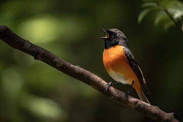 Poster - male redstart bird perched on tree branch, singing its heart out, created with generative ai