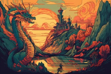 Wall Mural - retro psychedelic poster depicting fantasy landscape with castles and dragons, created with generative ai