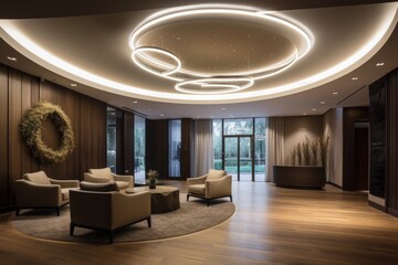 Canvas Print - smart lighting solution in hotel lobby, with dramatic and welcoming atmosphere, created with generative ai