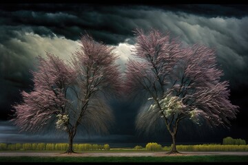 Wall Mural - pair of blossoming trees against stormy sky, created with generative ai