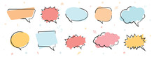 Cartoon Empty Retro Comic Style Speech Bubbles Set In Pastel Colors. Hand Drawn Pop Art, Vintage Speech Clouds, Thinking Bubbles, And Conversation Text Elements. Vector Illustration