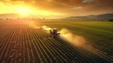 Fototapeta Zachód słońca - Aerial view of Tractor Spraying Pesticides on Green Soybean Plantation at Sunset. Generative Ai