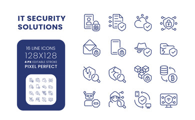 Sticker - IT security solutions linear desktop icons set. Information privacy. Data protection. Pixel perfect 128x128, outline 4px. Isolated user interface elements pack for website. Editable stroke