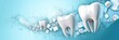 Medical banner. Dentistry. White teeth, jaw on a light blue background close-up. The concept of healthy teeth, oral care. Generative AI technology