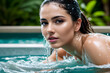 © Laure F - Femme avec des éclaboussures d'eau en train de se détendre dans un salon de spa,IA générative.Personne fictive créée avec l'IA générative.