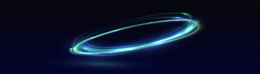 Wall Mural - neon swirl. curve blue line light effect. abstract ring background with glowing swirling background.