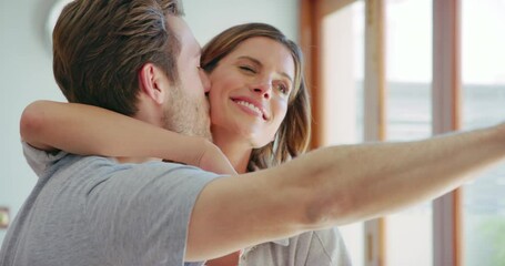 Poster - Young couple, hug and selfie in home kitchen with kiss, happiness and smile together for social network. Man, woman and happy with photography, comic profile picture and laughing on blog, app or post