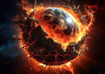 Wall Mural - shattering and exploding of planet earth's molten core . generative ai