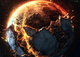 Wall Mural - shattering and exploding of planet earth's molten core . generative ai