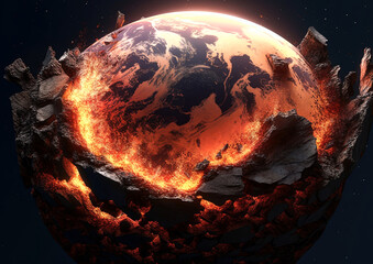 Wall Mural - Shattering and exploding of planet Earth's molten core . Generative AI