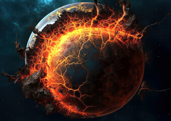 Wall Mural - shattering and exploding of planet earth's molten core . generative ai