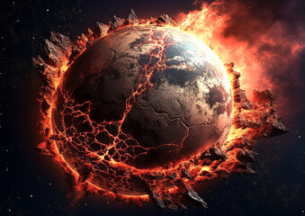 Wall Mural - Shattering and exploding of planet Earth's molten core . Generative AI