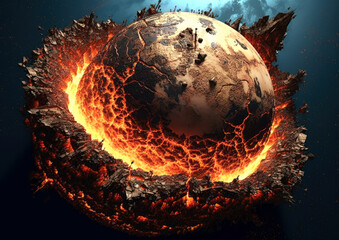 Wall Mural - shattering and exploding of planet earth's molten core . generative ai