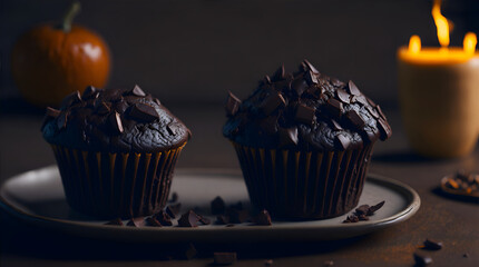  table with two delectable chocolate muffins placed side by side. The muffins have a rich, dark brown color, two chocolate cupcakes chocolate cake   AI generate 