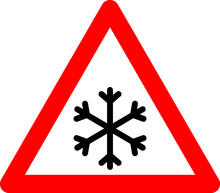 Snowfall Sign. Snowfall Warning Sign. Red Triangle Sign With A Snowflake Icon Inside. Caution, Snowfall, Slippery Road. Road Sign Snowfall. Snow And Ice Sign.