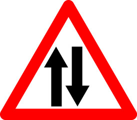 Two way traffic sign. Warning sign two way traffic. Red triangle sign with arrows silhouette inside. Caution entering two way road. Road sign. Traffic in both directions.