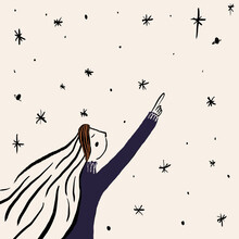 Drawing Of Woman Pointing At Star In Sky