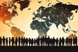 © ADDICTIVE STOCK - Generative AI illustration silhouette of unrecognizable group of people over dark floor standing by bright multicolored wall of world map