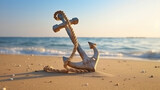 Wooden anchor with rope on sand near sea. Space for text, Generative AI
