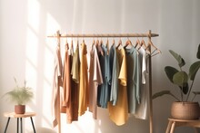 Row Of Different Colorful Female Clothes Hanging On Rack. Generative Ai
