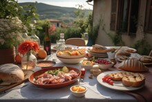 Summer Picnic On The Terrace, Lunch With A Beautiful Italian View. Generative AI